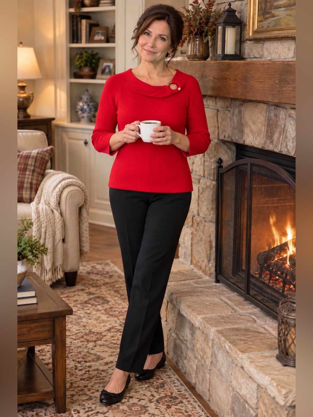 Red Ribbed Cowl Sweater with Shoulder Ring